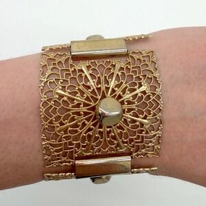 Vintage Gold Tone Filigree Panel Bracelet Wide Ornate Statement Cuff